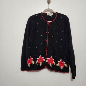 Epogee Cardigan Sweater Large L Black Poinsettia Knit Red Gold Holiday Christmas